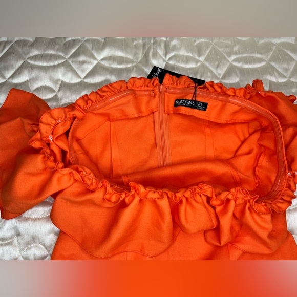 Nasty Gal Off The Shoulder Drop Frill Hem Swing Flowy Dress Size 4 US Orange - Picture 3 of 14
